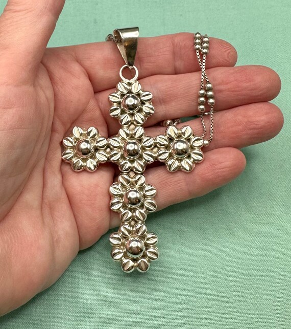 Huge Taxco Sunflower Cross Necklace Sterling Silv… - image 6