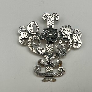 Sterling Silver Cross Brooch, Foree Hunsicker, Layered, Floral, Sun, Moon, Heart, Rooster, Vintage