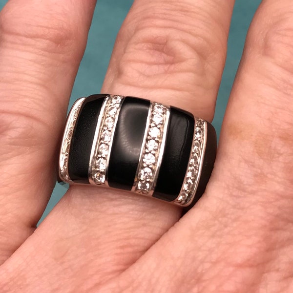 Belle Etoile Regal Stripe Sterling Silver Ring Size 7 3/4 Pave CZ and Black Enamel Inlay 1/2” Wide Band Beautiful and Sparkly