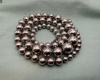 Taxco Sterling Silver Round Ball Bead Necklace, 30", Vintage Desert Pearls, Graduated Beads, 8 - 16mm