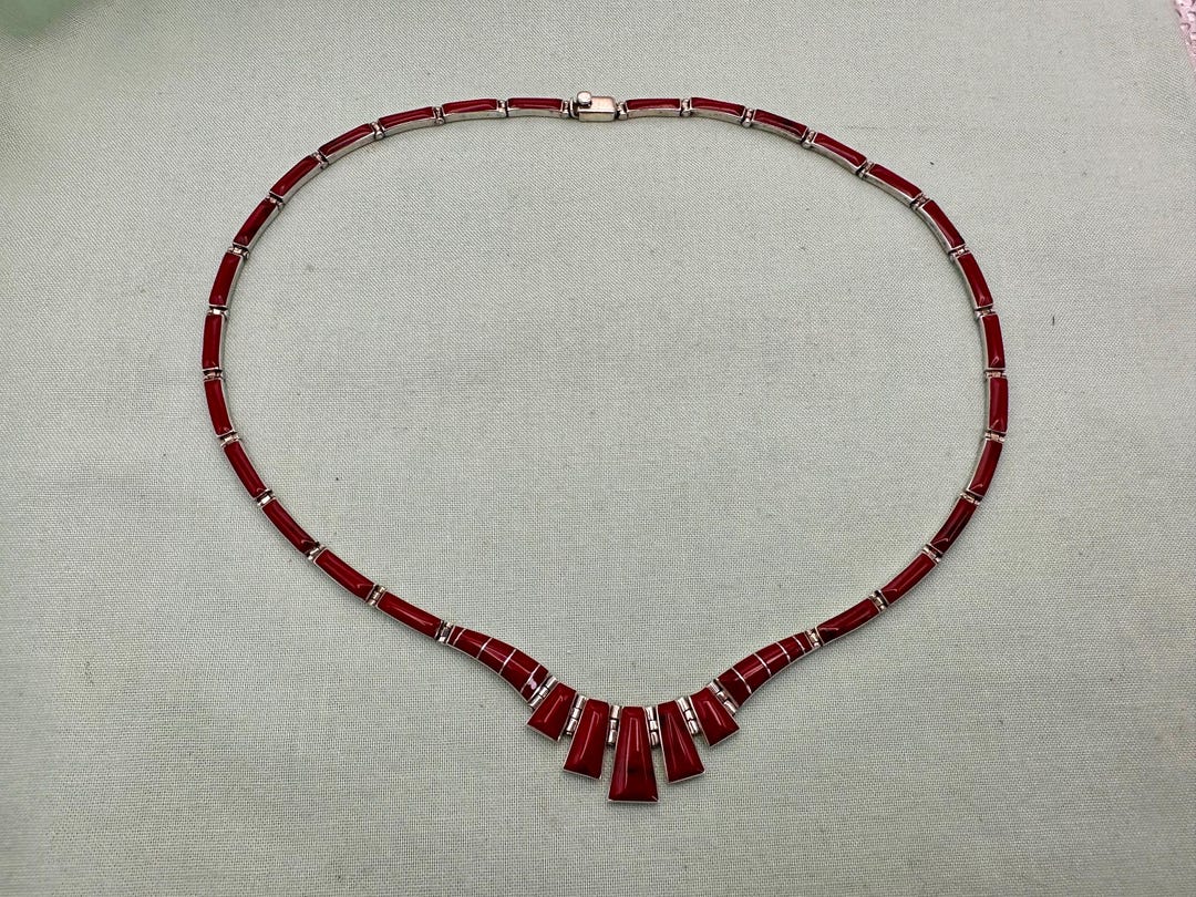 Vintage 950 Fine Silver Mexican Inlay Neclace Deep Red Jasper Collar ...