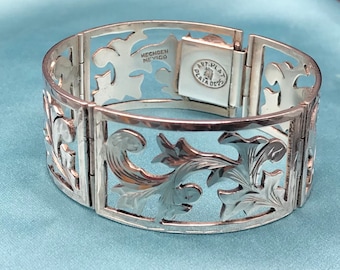 Mexican 1930s Panel Bracelet Sterling Silver Four Panel Heavy 50 Grams Scroll Acanthus Design Etched Pre-Eagle Period Vintage