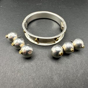 Taxco Vintage Bracelet Matching Earrings Set Sterling Silver with Raised Brass Screws Hinged Bangle Pierced 1 5/8” Long Earrings Mexico 925