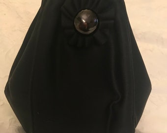 Rodo Black Satin Purse Rosette on Front 1980s Trapezoid Center Top Strap Reminiscent of 1930 Vintage
