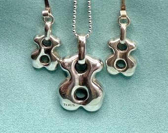 TOUS Bears Sterling Silver Bear Necklace and Earrings Set Puffy Bears 925 Demi Parure Signed Pierced Earrings