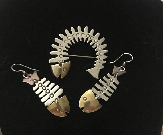 Vintage Taxco Fish Skeleton Bones Pin Brooch and E