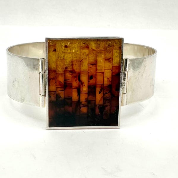 Baltic Amber Sterling Silver Bangle Bracelet, Hinged, MTM Studio, Ombré Mosaic Inlay, Vintage