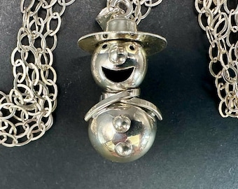 Vintage Taxco Snowman Pendant Necklace Sterling Silver Harmony Chime Bell with Chain All Silver No Brass Christmas Holiday TV-125 Mexico 925