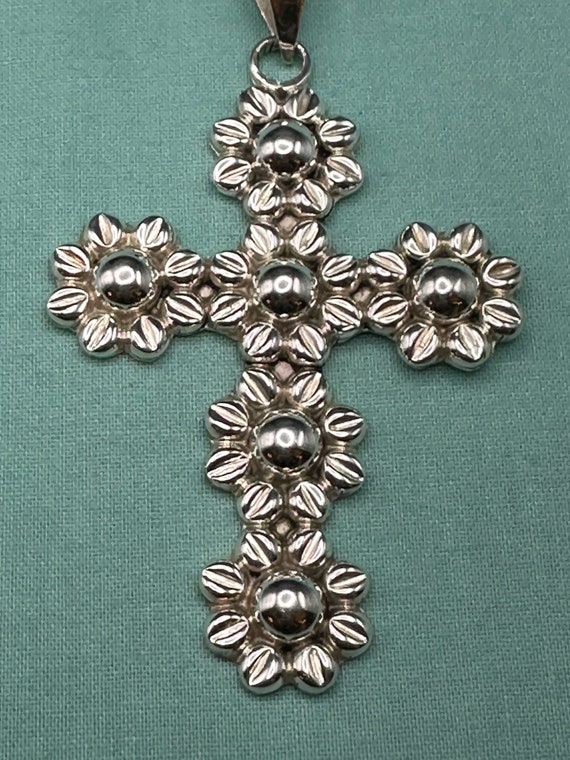 Huge Taxco Sunflower Cross Necklace Sterling Silv… - image 2
