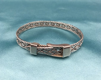 Sterling Silver Braided Belt Bracelet, Vintage, Mexico, Woven Bangle Adjustable Belt Closure