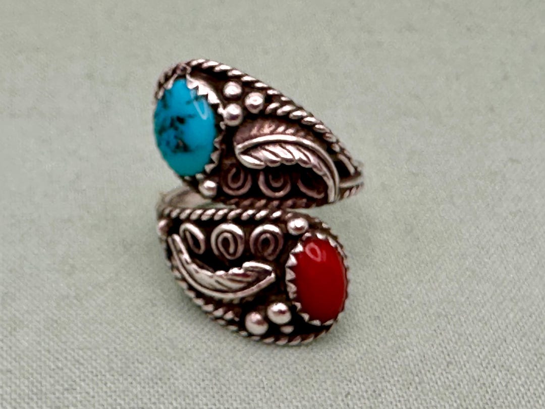 Turquoise and Coral Sterling Silver Ring, Navajo, Vintage Size 5 1/2 ...