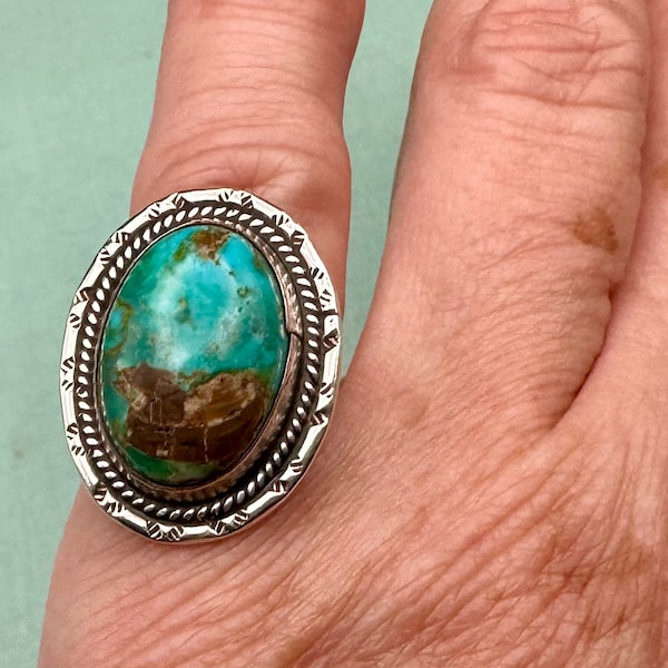 Navajo Old Pawn Turquoise and Sterling Silver Ring Oval Cabochon Hand Stamped