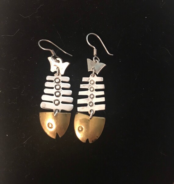 Taxco Vintage Fish Skeleton Earrings 925 Brass