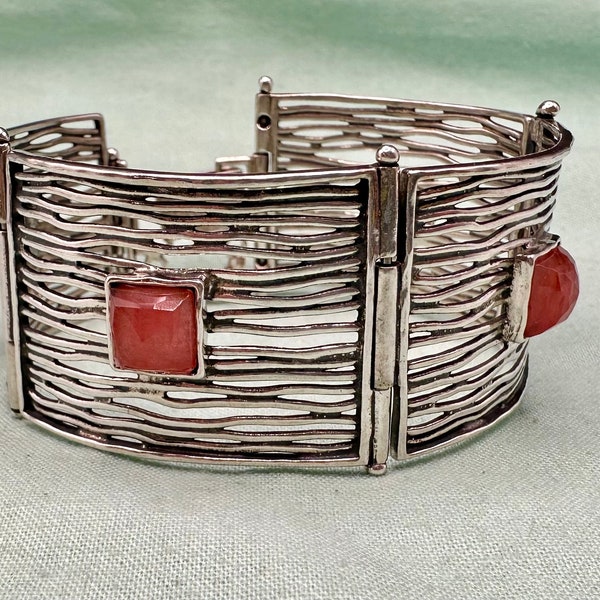Silpada Cherry Rose Quartz Wide Sterling Silver Panel Link Bracelet 7.25 inches x 1.25” 42 grams Silpada Logo  Gorgeous Vintage 2007