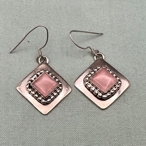 Carol Felley Vintage Earrings Square Sterling Silver Rose Quartz Drop Dangle