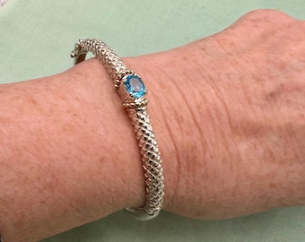 Sterling Silver Blue Topaz Hinged Bangle, 24k Gold Accents