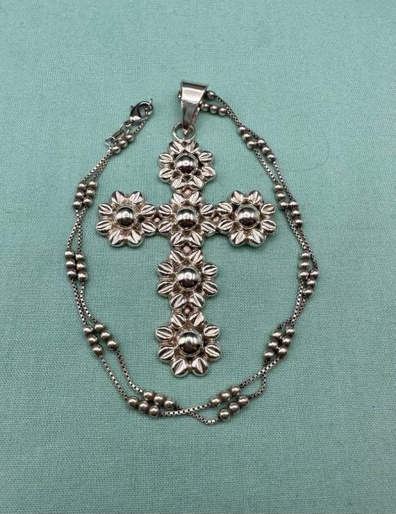 Huge Taxco Sunflower Cross Necklace Sterling Silv… - image 1