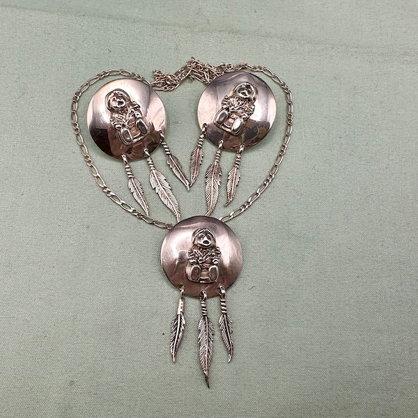 Carol Felley Sterling Silver Storyteller Necklace Pendant and Earrings Set Navajo Storyteller on Disk with 3 Dangling Feathers Vintage 1990