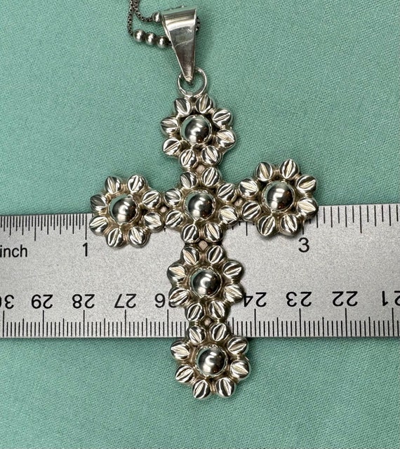 Huge Taxco Sunflower Cross Necklace Sterling Silv… - image 9