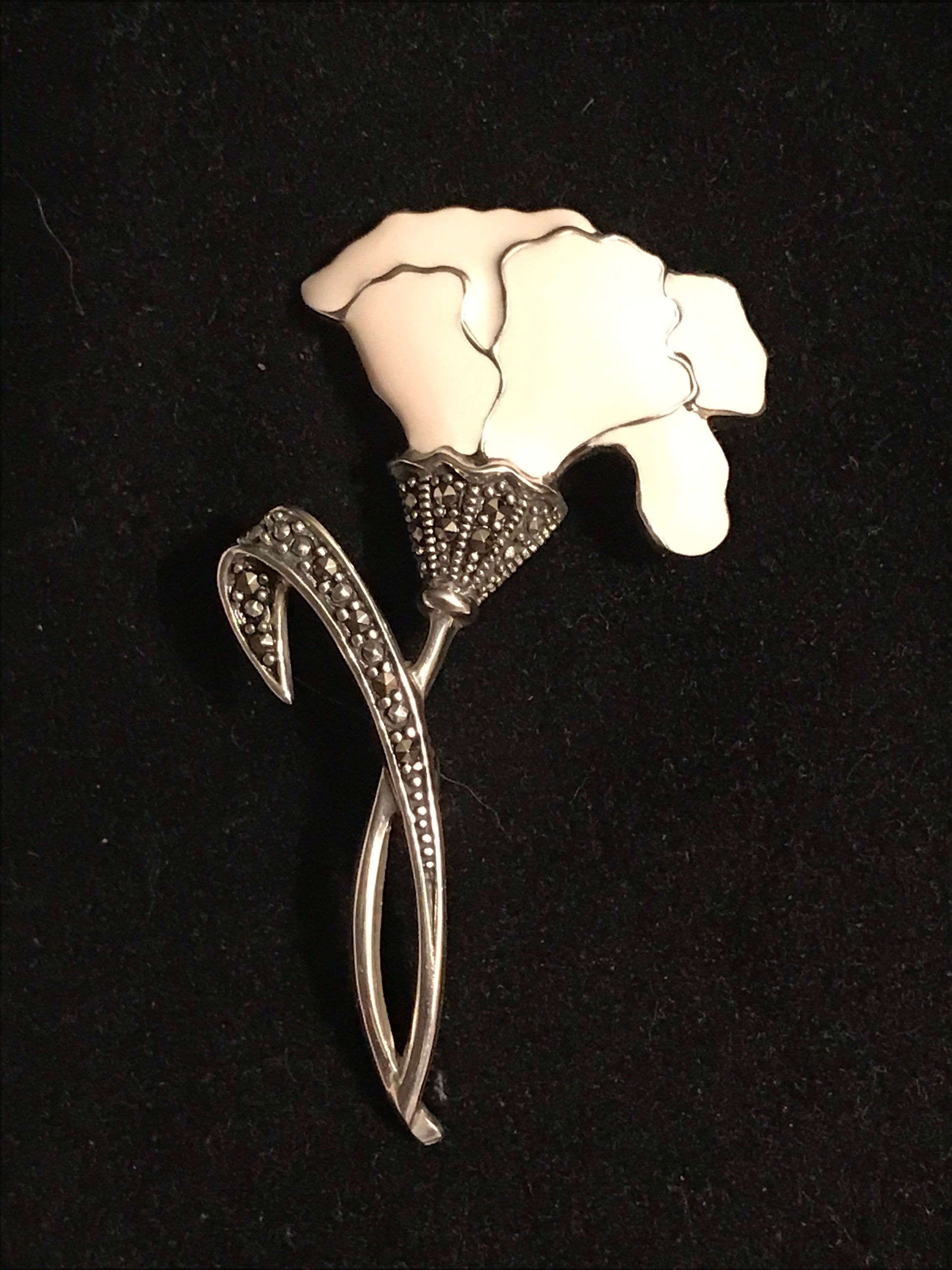 Sterling Silver Carnation Flower Brooch White Enamel Etsy