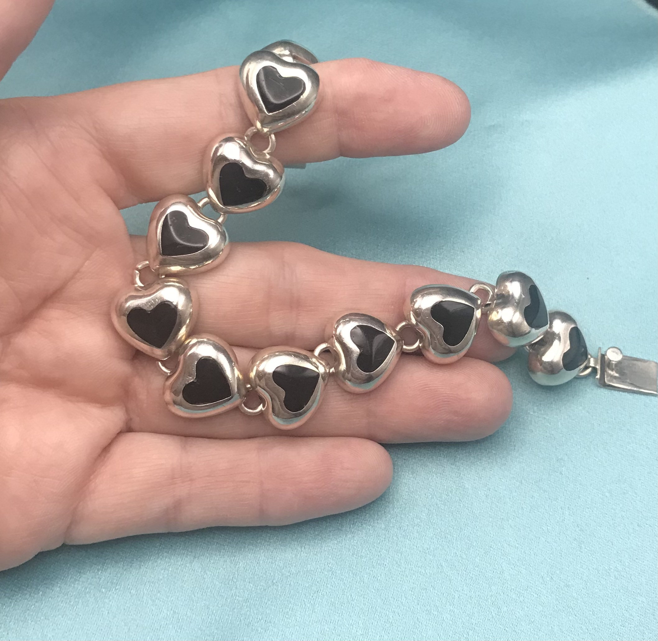 Vintage Sterling Silver and Black Enamel Heart Bracelet 925 Etsy