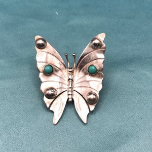 Turquoise Sterling Silver Butterfly Brooch Cabochons Large Pin Delicate 3 Dimensional Taxco  Mexico 925 Vintage