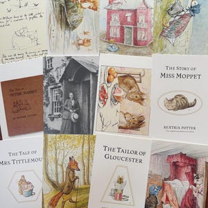 May include: A collection of Beatrix Potter book covers and illustrations featuring watercolor scenes of rabbits, mice, a fox, and a dollhouse. Titles include The Tale of Peter Rabbit, The Story of Miss Moppet, The Tale of Mrs. Tittlemouse, and The Tailor of Gloucester.