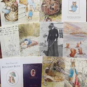 May include: A collection of Beatrix Potter book covers and illustrations featuring various characters including Tom Kitten, Benjamin Bunny, a duck, squirrels, and a hedgehog, alongside a black and white photograph of a person with a dog.
