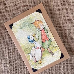 Biglietto di auguri di compleanno fatto a mano. Beatrix Potter. Jemima e il signor Tod