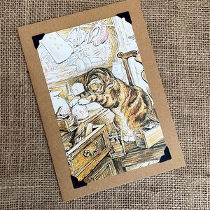May include: A vintage-style illustration of a cat in a kitchen setting. The cat is brown and black with white markings and is looking at a drawer that is open. The drawer is filled with various items, including a small wooden box and a few other objects. The kitchen is decorated with a variety of items, including a shelf with plates and a window with a view of the outside.