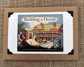 Tarjeta de cumpleaños hecha a mano. Construyendo una casa. Portada de libro de Puffin.