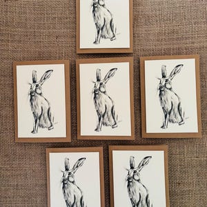 May include: Set of six blank greeting cards featuring a black and white illustration of a hare. The cards are printed on white cardstock and have a brown paper envelope.