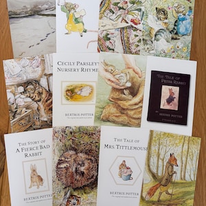 May include: A collection of ten illustrated cards featuring Beatrix Potter characters and scenes, including The Tale of Peter Rabbit, Cecily Parsley's Nursery Rhymes, The Story of a Fierce Bad Rabbit, and The Tale of Mrs. Tittlemouse with various animals.
