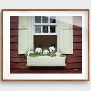 West Highland Terrier by the Window Unframed Art Print | Cozy Cottage Wall Decor for Dog Lovers | Whimsical Flower Artwork