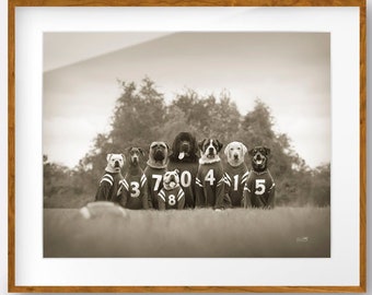 Football Dog Team Art Print - Wall Art for Boys Bedroom, Man Cave - Football Fan Gift - Sports Dog Artwork  - Teamwork Print - Sports Decor