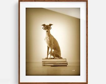 Bookworm Dog Art Print | Literary Canine Wall Decor | Whimsical Dog and Books Artwork | Gift For Book Lover, Reader | Book Nook, Library Art