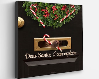 Dear Santa Art Quote on Canvas - Christmas Dog Wall Decor -  Holiday Artwork - Deck the Halls - Cute Christmas Print for Kids Bedroom