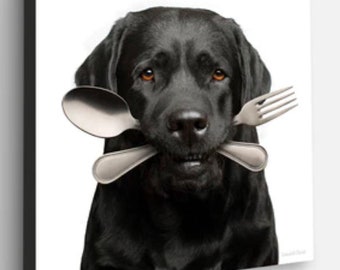 Black Labrador Kitchen Chef Art Print | Dog with Spoon and Fork in Mouth | Dog Lover Wall Kitchen Decor | Dog Lover Foodie Gift