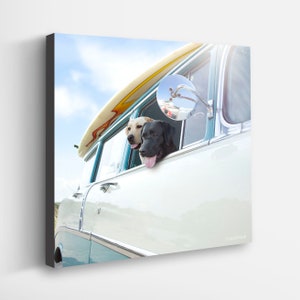 Surfing Dogs Dogs Canvas Art Print - Surfer Labradors Artwork, Decor for Beach House Bedroom Print, Bathroom Decor, Coastal Theme, Surf Vibe