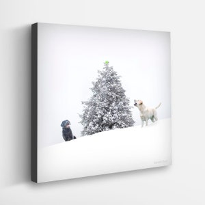 Winter Wonderland Dog Art Print - Yellow, Black Labradors in Snow Scene Artwork - Christmas Tree Canvas Holiday Wall Decor for Dog Lovers