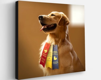 A Good Boy - Golden Retriever Art Print and Canvas - Dog with Ribbons Wall Art - Canvas - Gift for Dog Lover - Home Decor