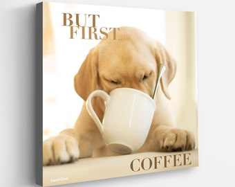 Yellow Labrador 'But First Coffee' Canvas Art Print | Dog Lover Home Decor | Coffee Drinker Gift | Kitchen Artwork |Coffee Station Bar Art