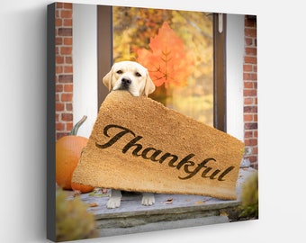 Thankful Dog Canvas Art Print | Labrador Holding Thankful Quote | Dog Lover Wall Decor | Welcome Home, Fall, Thanksgiving Decor