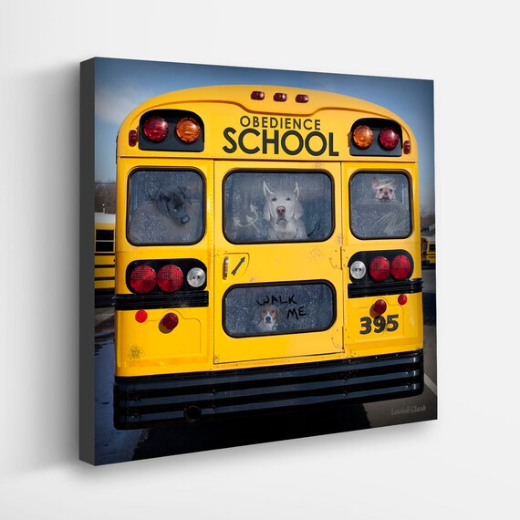 Dogs on School Bus Canvas Print: Whimsical Dog Lover Wall Art
