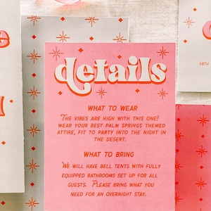 Tarjeta de detalles de BUENAS VIBRACIONES / Descarga digital para papelería de boda / Boda retro Guardar la fecha / Boda en Palm Springs / Imprimible