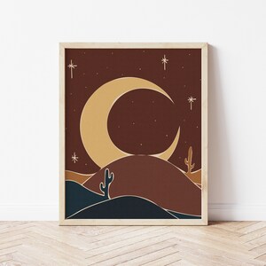 Desert Night | Printable Wall Art | Desert Boho Vibes | Minimalist Cactus Desert with Crescent Moon