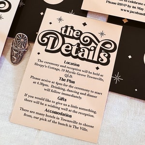 Kaart met retro bruiloftdetails | Black Boho Witchy Disco (digitale download)