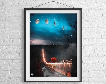 Moon Art, Red Umbrella Print, Whimsical Art, Gift For Friend