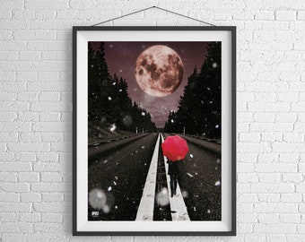 Moon Art, Red Umbrella Print, Gift For Friend