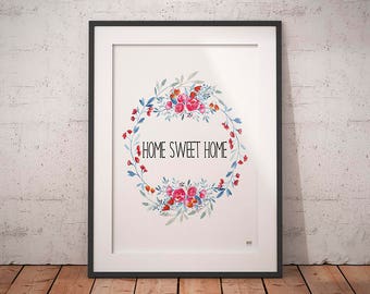 Home Sweet Home Sign, Watercolor Floral Wreath, Rustic Spring Decor, Housewarming Gift